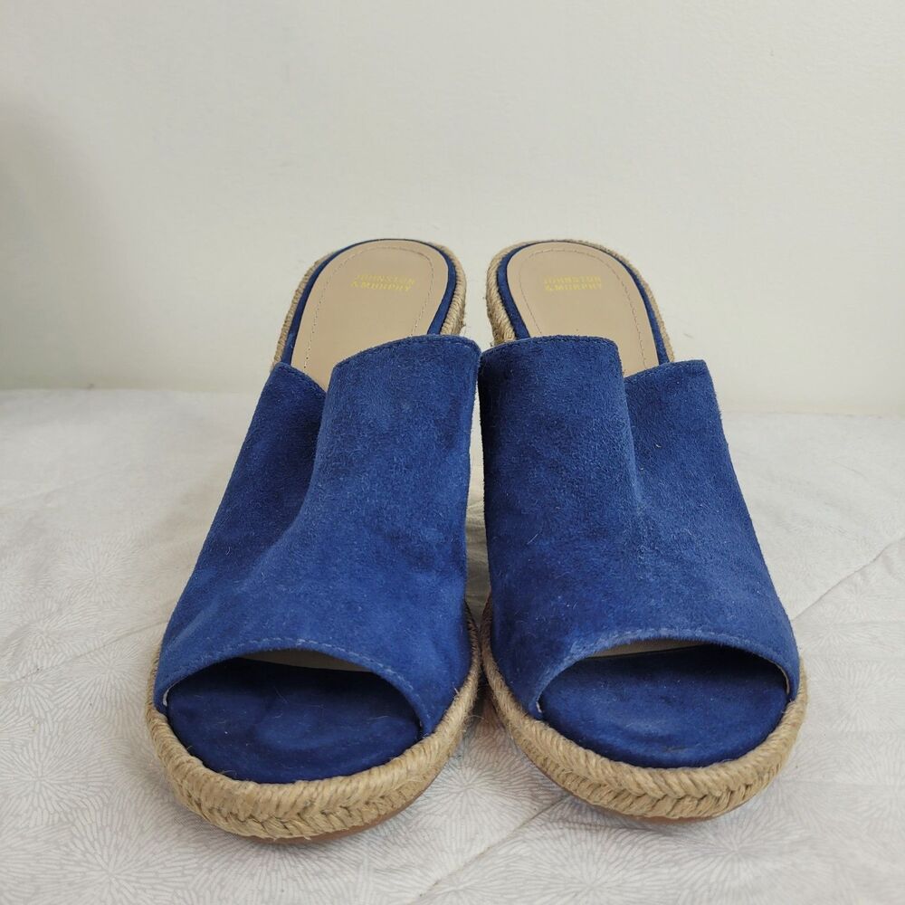 JOHNSTON & MURPHY BLUE SUEDE ESPARTO ROPE HIGH HEEL OPEN TOE WEDGE MULE 10M - Picture 2 of 13